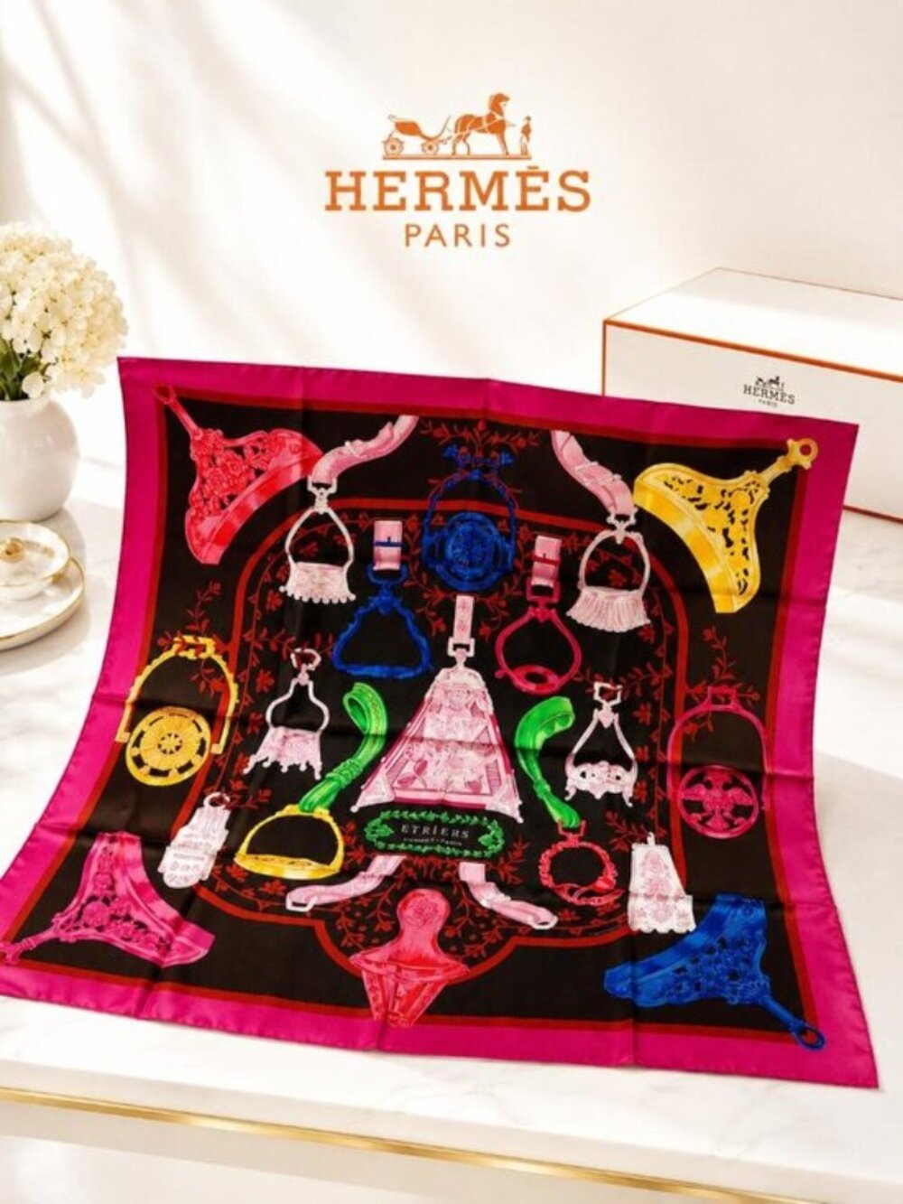 Authnetic Hermès Etriers Carré 90 Silk Scarf Pink Black